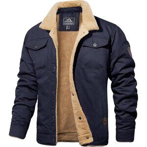 Mens Navy AI Winter Sherpa Lined Jacket Warm Trucker Coat Multi Pocket